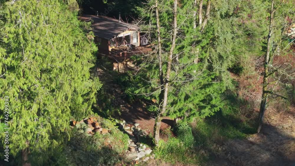 Small rustic countryside house hides between evergreen trees in lighted by golden sunshine. Mountain forest at blue river with Log cabin on sunny day. Two cabins in magical Washington at forest river Small rustic countryside house hides between evergreen trees in lighted by golden sunshine. Mountain forest at blue river with Log cabin on sunny day. Two cabins in magical Washington at forest river