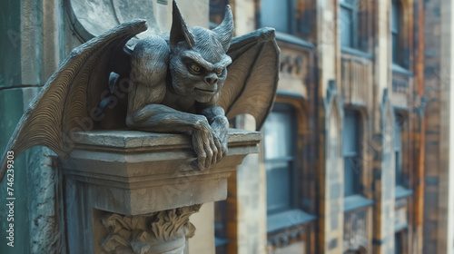 Gargoyle perched on an urban ledge.