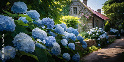 A blue house with a garden of flowers