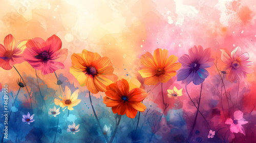 the interplay between the vibrant colors of the flowers and the watercolor background