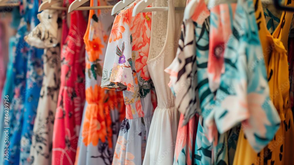 Colorful dresses on a boutique rack.