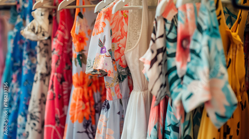 Colorful dresses on a boutique rack.