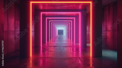 Neon light tunnel in a dark corridor.