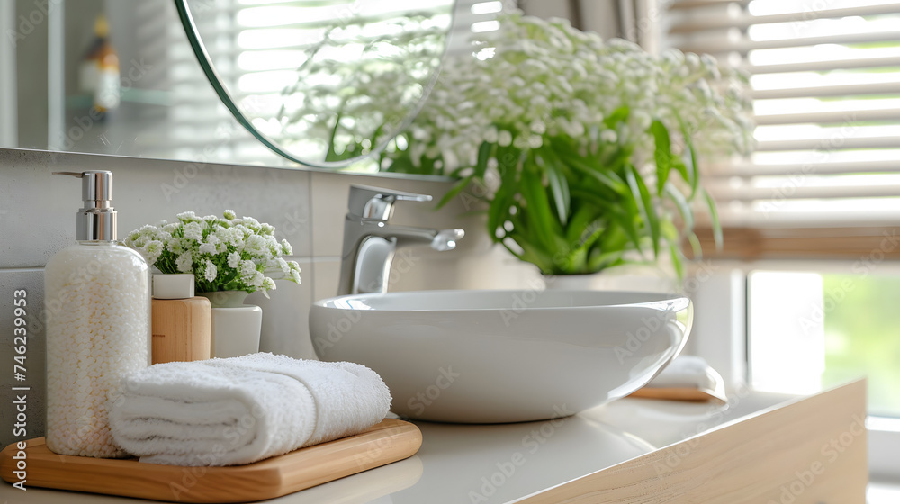 Interior of modern bathroom with concrete and black walls, concrete floor and comfortable white sink with round mirror, Interior of modern bathroom with concrete and black walls, concrete floor and comfortable white sink with round mirror,