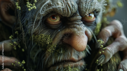 Fantasy figure with moss and intense gaze.