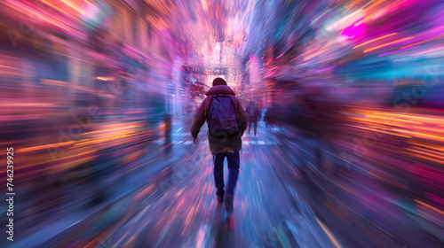 Person walking in a vibrant light tunnel.