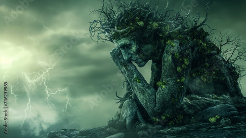 Mystical plant figure under stormy skies.