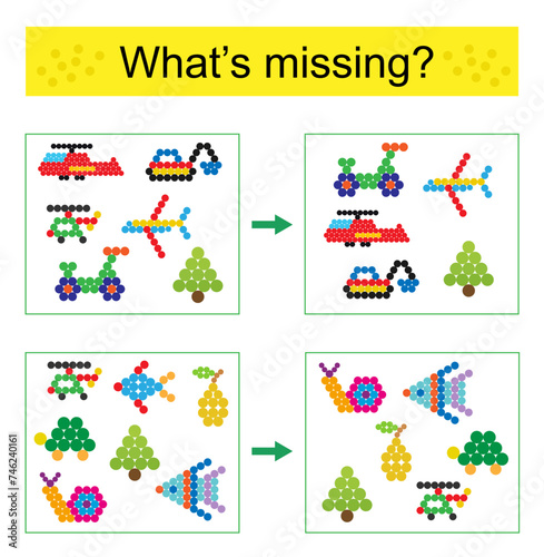 Puzzle game. Task for the development of attention and logic for children. Find the missing object. Vector illustration.