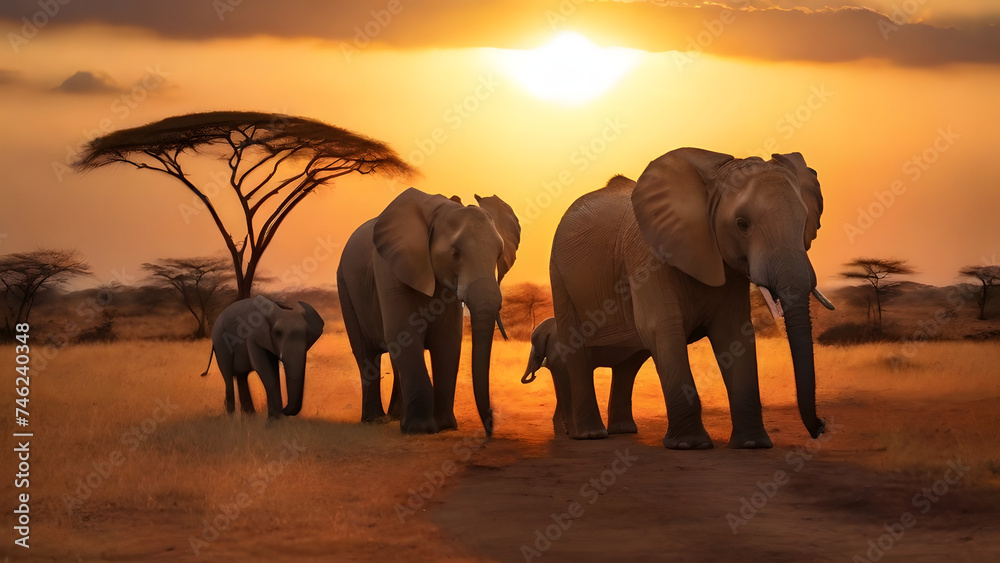 Family of elephants at sunset in the national park