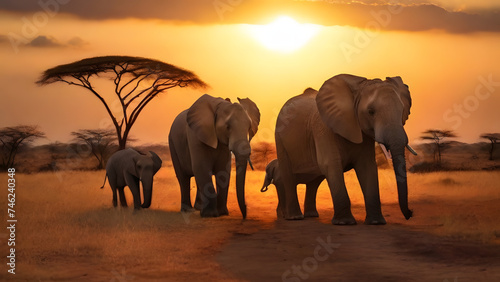 Family of elephants at sunset in the national park © Mishi