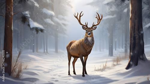 Noble deer male in winter snow forest. Artistic winter © Mishi