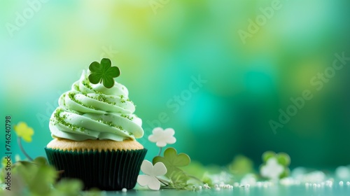 Wallpaper Mural St. Patrick's Day cupcake with green four and clover on green background Torontodigital.ca