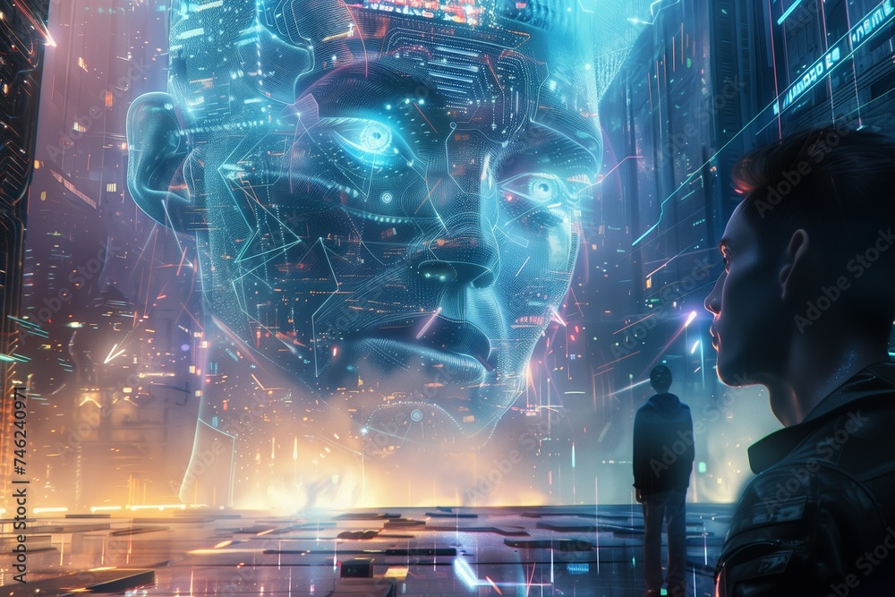 A man stands in front of AI hologram digital heads and futuristic city. The concept of artificial intelligence and innovative technologies, , showcasing the wonder of future tech.