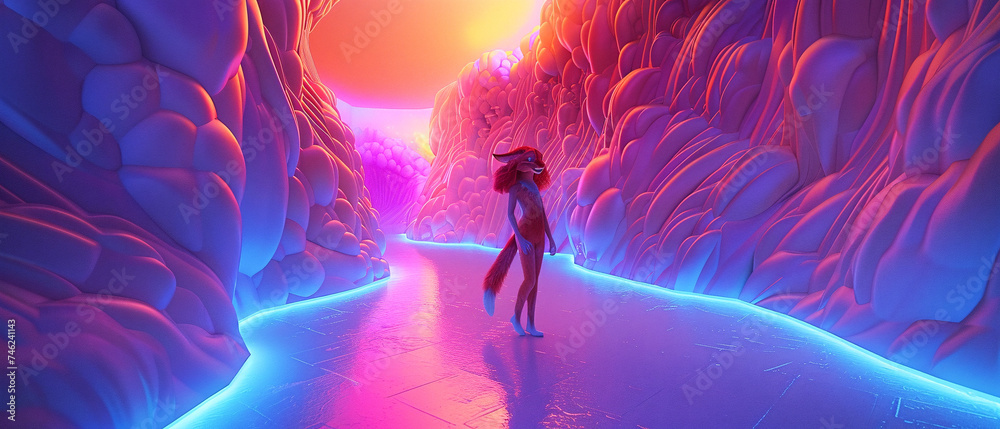 Animated Fox Character in Neon-Lit Fantasy Cave