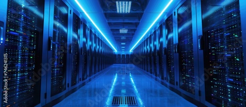 Rows of bright blue equipment fill a long hallway in a dark server room dedicated to processing big data.