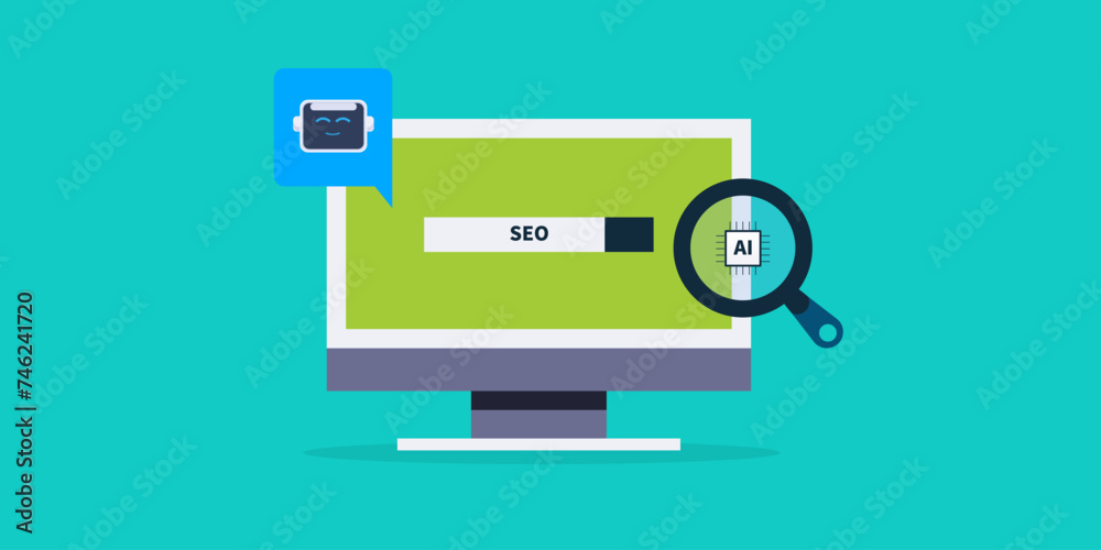 Innovative artificial intelligence technology integrated with search bar on pc screen, AI SEO conceptual vector illustration. Innovative artificial intelligence technology integrated with search bar on pc screen, AI SEO conceptual vector illustration.