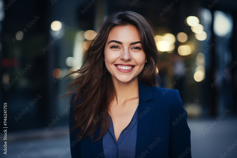 Young happy cheerful professional business woman, happy laughing female office worker wearing glasses looking away at copy space advertising job opportunities or good business services