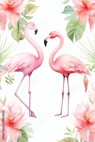 Watercolor tropical seamless pattern with pink flamingos on monstera leaves background. Exotic Hawaii art background. Fashion design for fabric and decor.