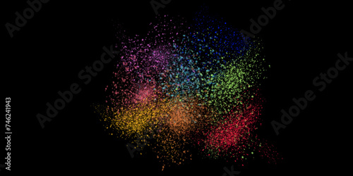 Launched colorful powder on black background. Multi Colored powder splash cloud isolated. Abstract dust design for use as background. abstract powder slatted background. Paint Holi. top view.