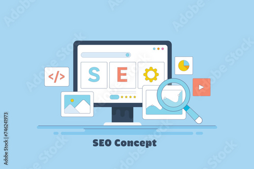 SEO software application on computer screen, content management and performance marketing analytics conceptual vector illustration banner.