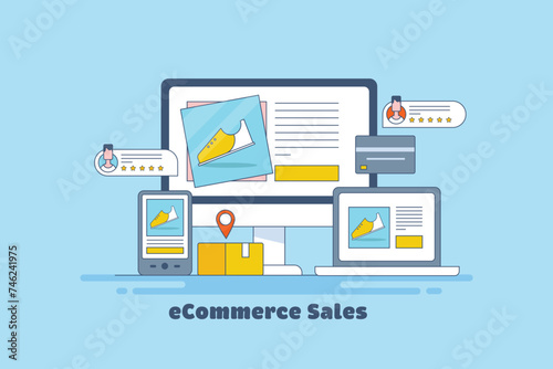 Re-marketing technology displaying ecommerce product to customers through digital device screen, increase sales conversion vector illustration.