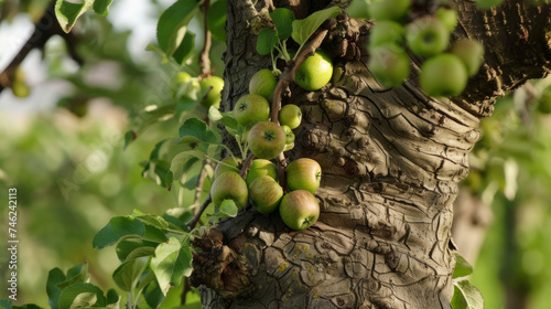 The rough barkcovered trunk of a sy apple tree with a gnarled branch bearing dozens of small green apples. The bark is etched with lines and crevices telling the story of photo