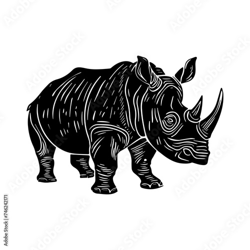 African rhinoceros in linocut textured style. Isolated on white background vector illustration