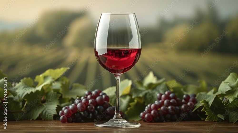 red wine glass illustration, minimal, modern vineyard in background