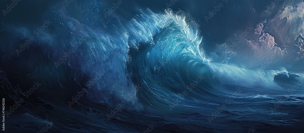 This painting showcases the power and magnitude of a large ocean wave crashing in the water, creating a captivating visual display. This painting showcases the power and magnitude of a large ocean wave crashing in the water, creating a captivating visual display.