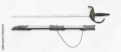medieval saber and scabbard isolated on white background