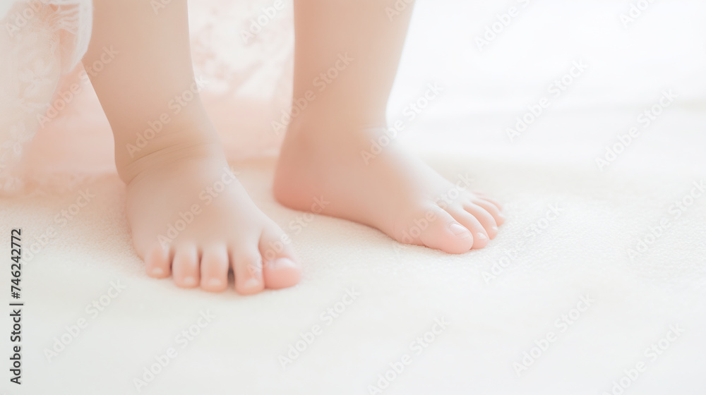 Toddler's Tiny Feet Standing on White Surface. First Steps and Childhood Development Concept Toddler's Tiny Feet Standing on White Surface. First Steps and Childhood Development Concept