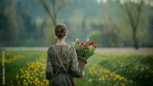 黄色の花が咲いている花畑の中を、たくさんの赤と白のチューリップをカゴに入れて運ぶ髪の毛をお団子にした女性の後ろ姿 photo