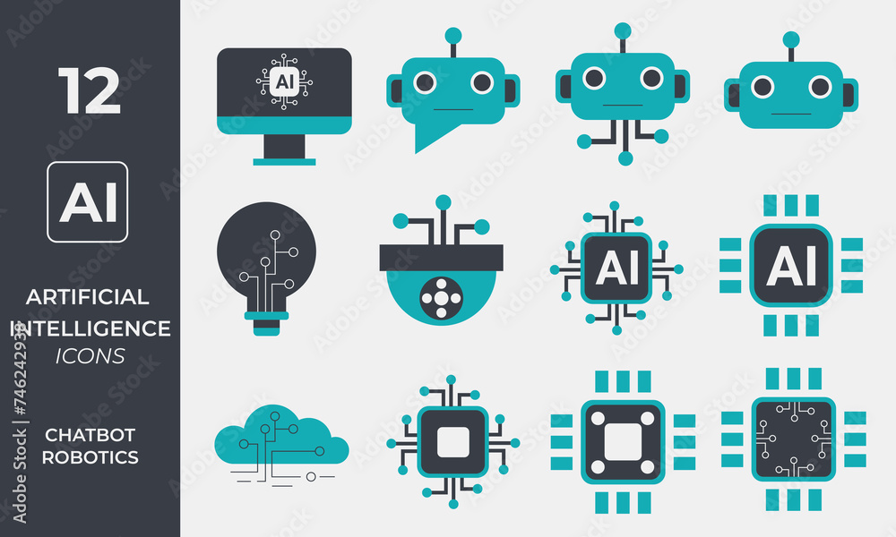 Artificial Intelligence Flat Icons set. Vector illustration modern style icons of AI technology and possibilities, machine learning, smart robotics, chatbot.
