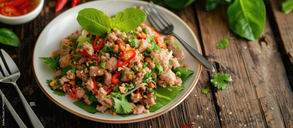 A close-up image of Larb Moo, a Thai minced pork salad, served on a white dish with cutlery placed on a wooden table.