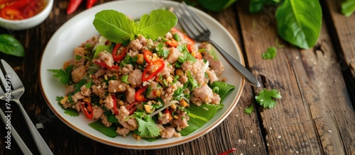 A close-up image of Larb Moo, a Thai minced pork salad, served on a white dish with cutlery placed on a wooden table.