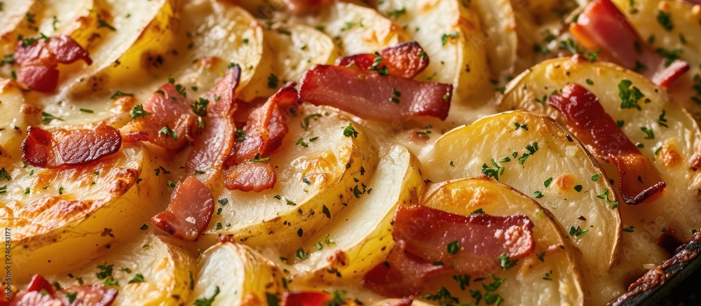 A close-up view of a potato casserole featuring intricate patterns, with baked potato slices, bacon, ham, and a creamy sauce, photographed from the top. A close-up view of a potato casserole featuring intricate patterns, with baked potato slices, bacon, ham, and a creamy sauce, photographed from the top.