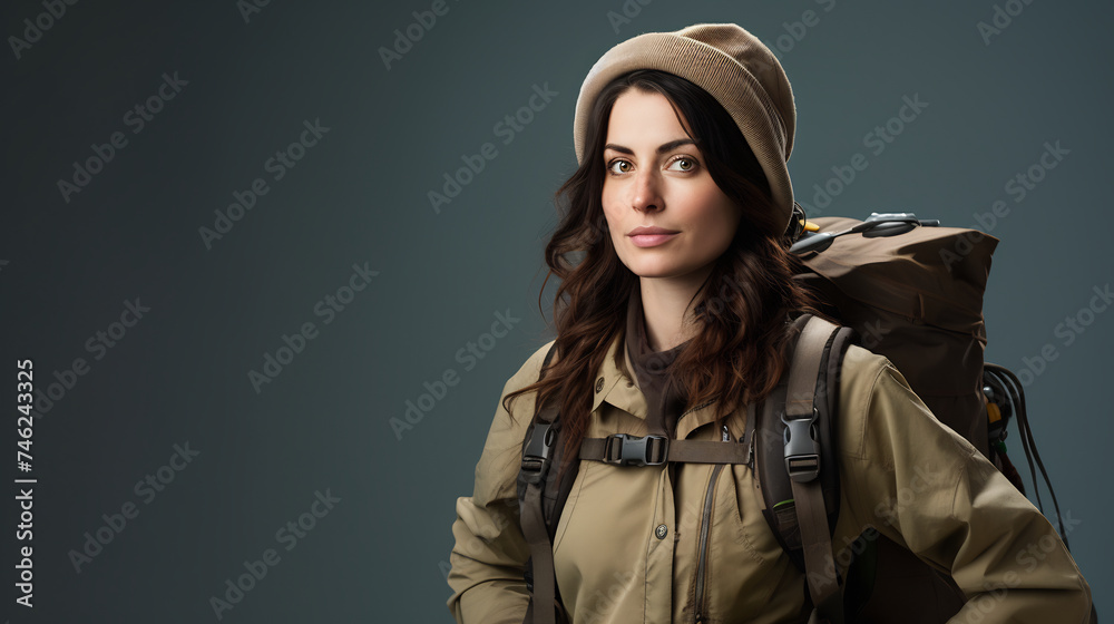 Smiling Adventurous Woman with Backpack Ready for Hiking. Outdoor Exploration and Travel Concept Smiling Adventurous Woman with Backpack Ready for Hiking. Outdoor Exploration and Travel Concept