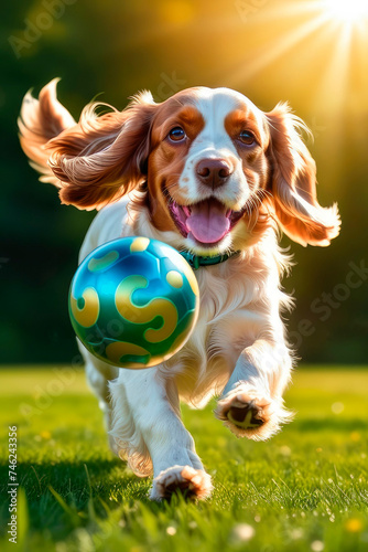Happy English cocker spaniel dog running in the grass and bringing a tennis ball.