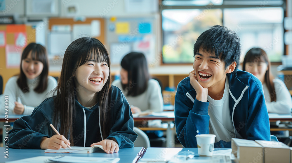 日本の私服の高校生・大学生の男女が教室の机に座って笑っている写真