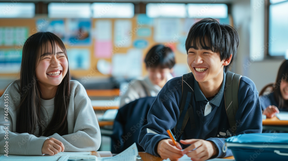 日本の高校生・大学生の男女が教室の机に座って笑って勉強している写真