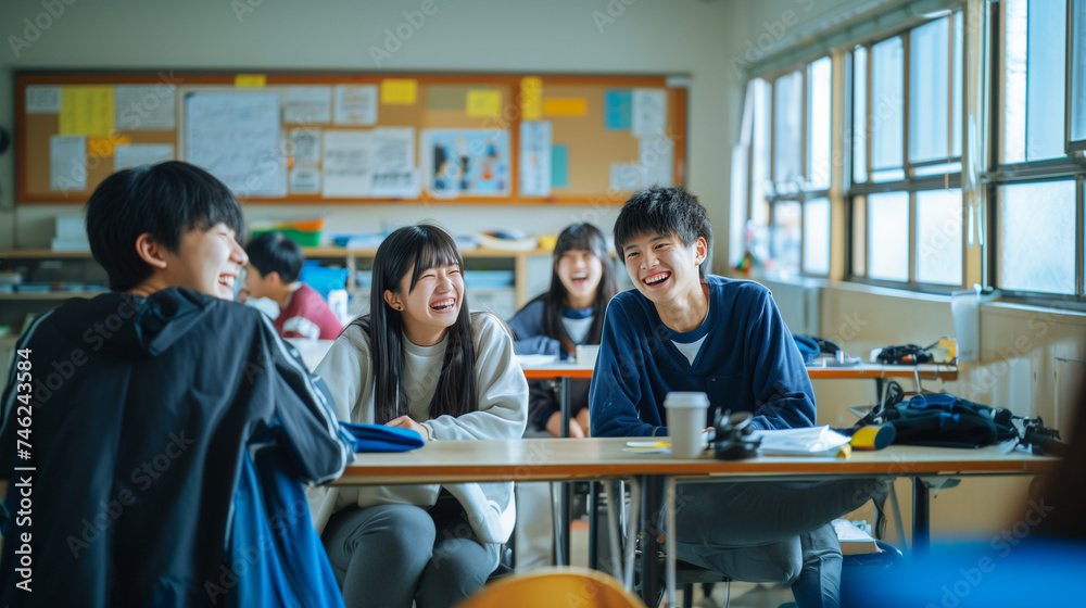 日本の高校生・大学生の男女が教室の机に座って笑っている写真