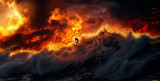 A lone surfer, silhouetted against a fiery sunset, rides a perfect wave amidst crashing foam realistic stock photography