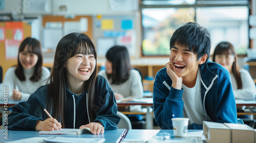 Obraz na płótnie 日本の私服の高校生・大学生の男女が教室の机に座って笑っている写真 w salonie