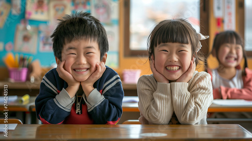 日本の小学生の男の子と女の子が机に座って笑っている素敵な笑顔の写真