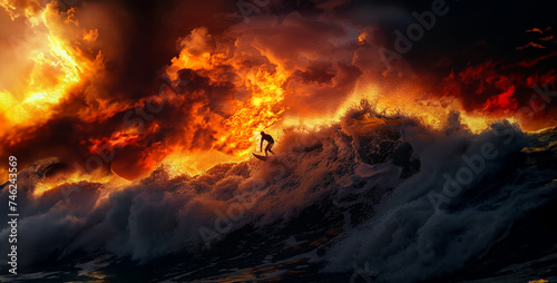 A lone surfer, silhouetted against a fiery sunset, rides a perfect wave amidst crashing foam realistic stock photography