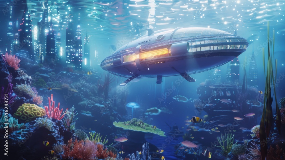 Fototapeta premium A futuristic submarine explores a submerged city among vivid coral reefs and marine life in this digital composition.