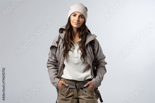 Smiling Adventurous Woman with Backpack Ready for Hiking. Outdoor Exploration and Travel Concept © AspctStyle