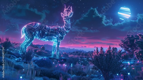 A digital creation of a neon-lit deer against a twilight landscape with a surreal, futuristic glowing planet.