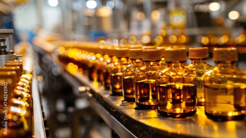 A conveyor belt lined with rows of ambercolored bottles waiting to be filled with different types of liquid medication.