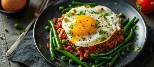 A black plate is topped with a serving of green beans and a perfectly cooked egg, accompanied by corned beef hash.